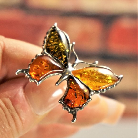 BALTIC AMBER STERLING BUTTERFLY RING SIZE 7.75 GIFT FOR WOMEN - Picture 7 of 13